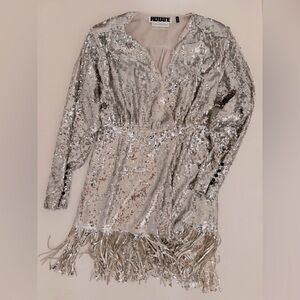 ROTATE silver long sleeve sequin wrap dress